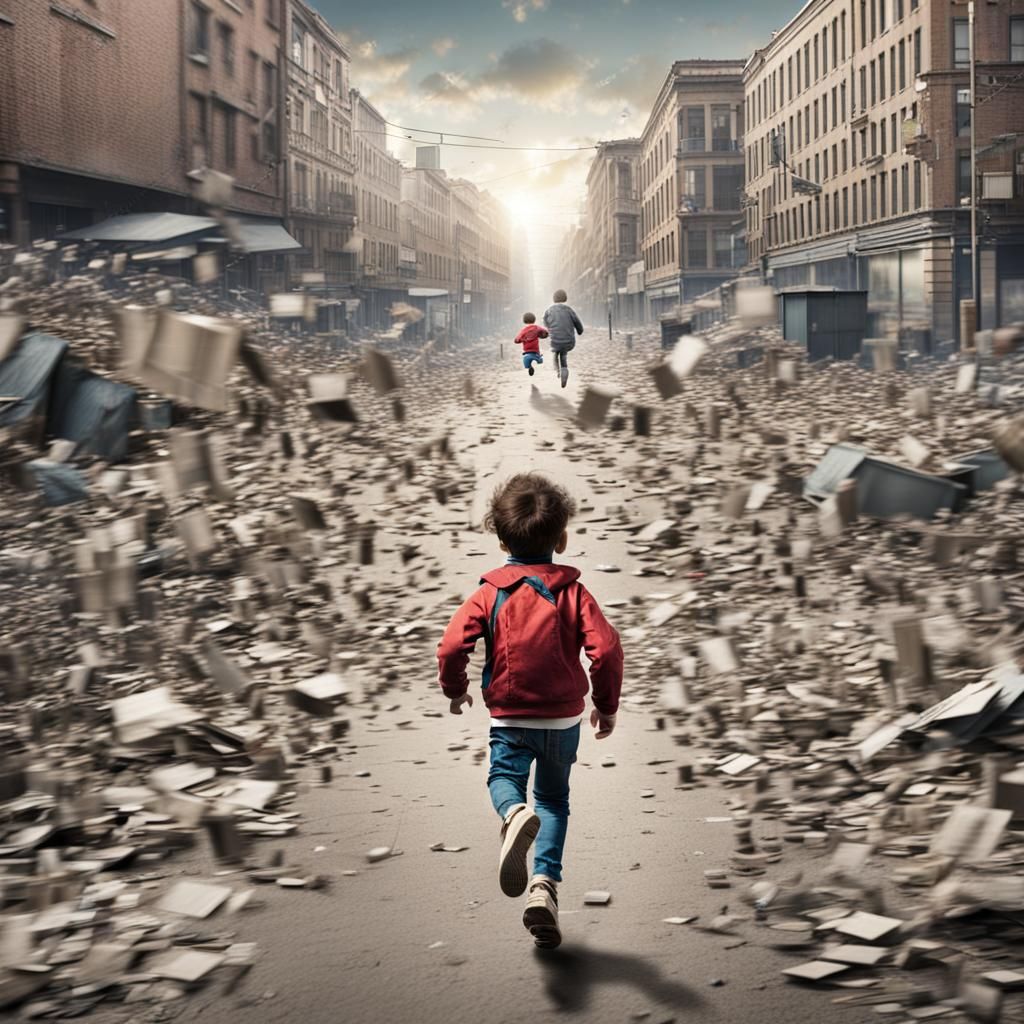 Lost Child's Desperate Flight Through Cityscape