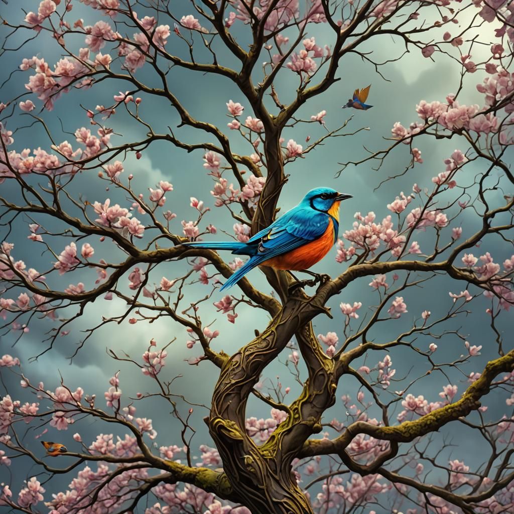 Spring Tree Bird in Magic Realism Style
