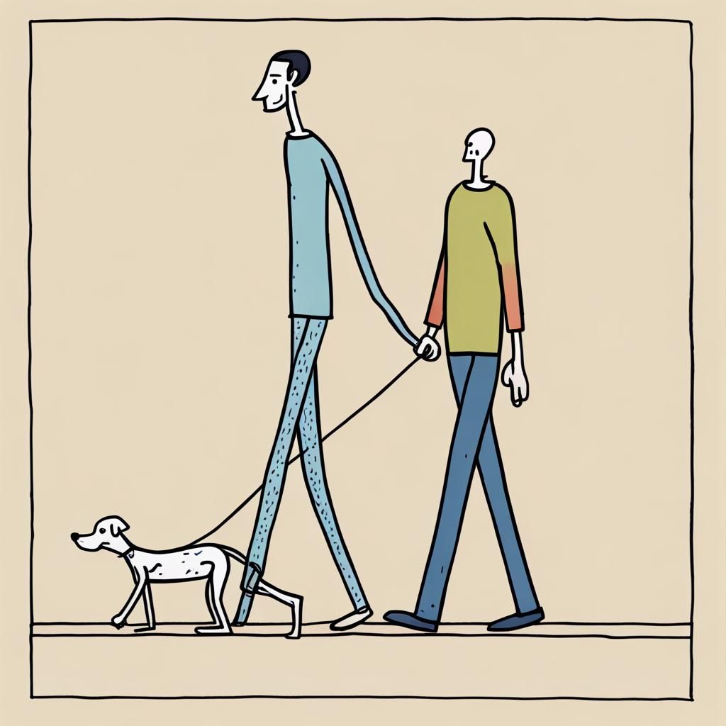 tall skinny man walking a dog.