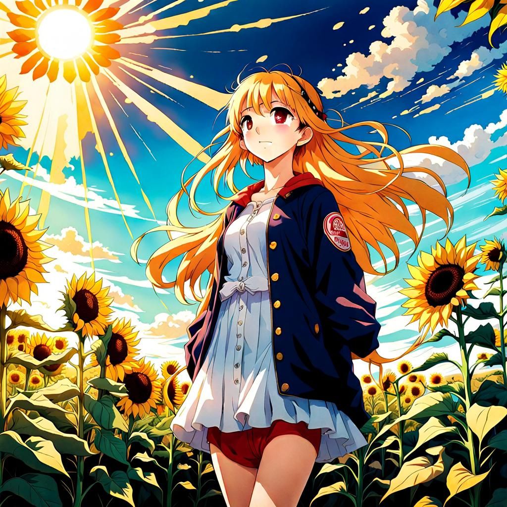 Teenage Woman in Sunflower Field: Anime Watercolor Style