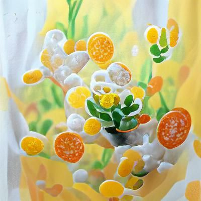 Gouache Painting of White Plant with Bubbles