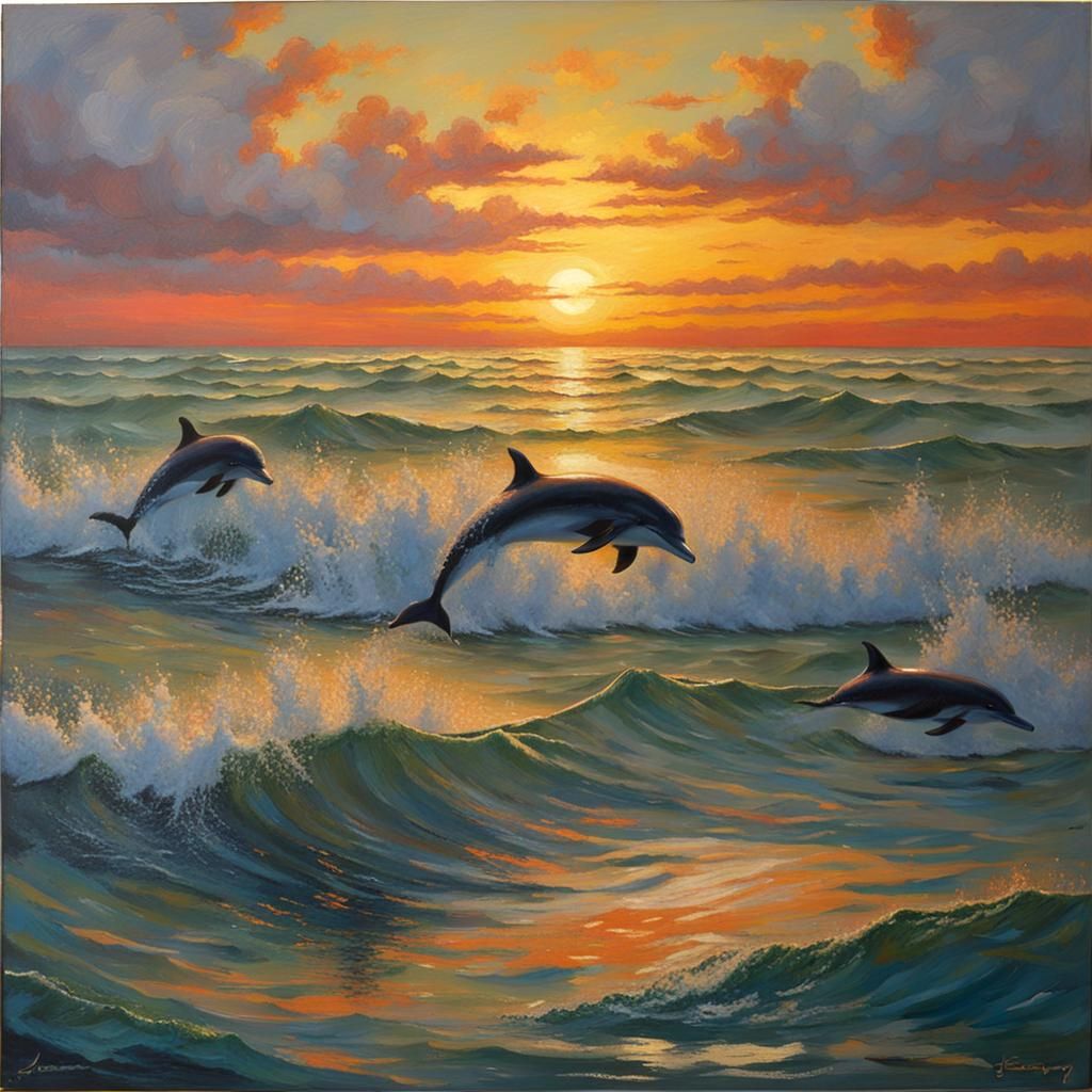 Dolphins at Sunset: Oil Painting