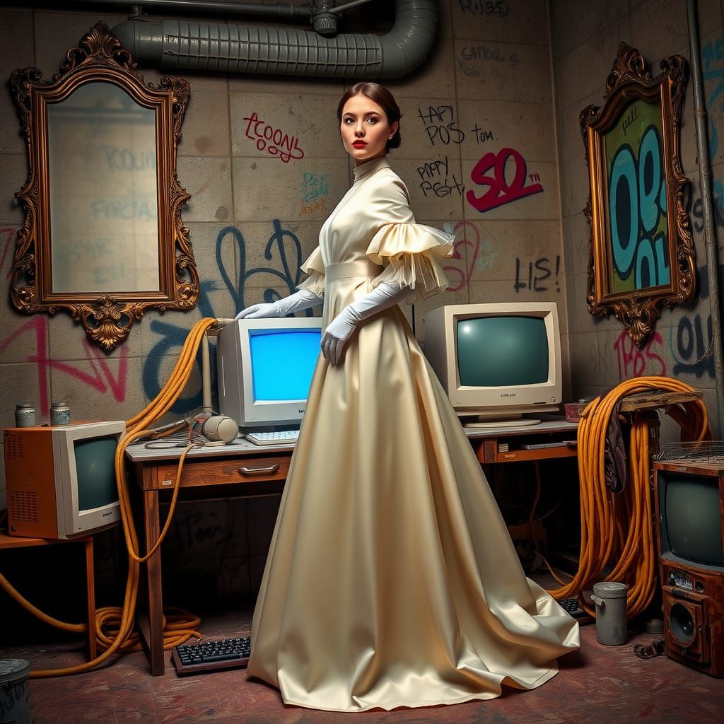 A lone, statuesque figure, clad in a Victorian inspired, flo...