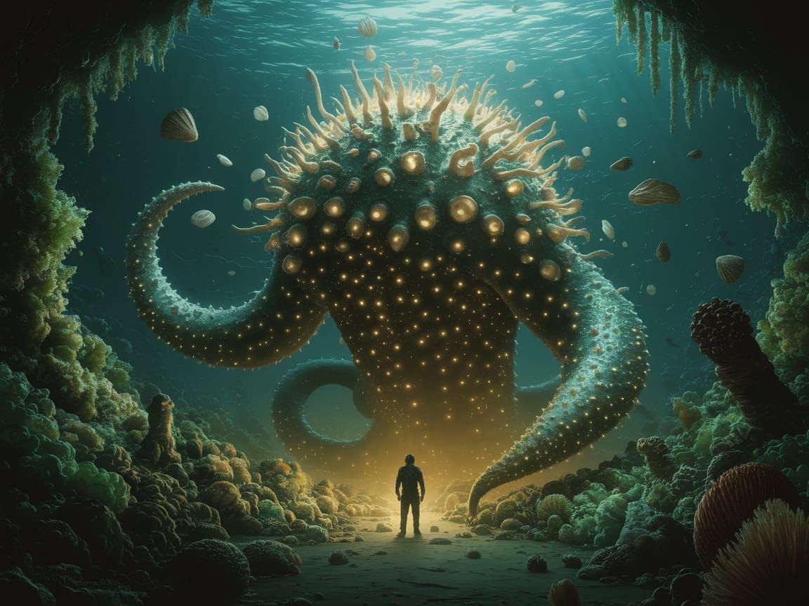 Abyssal Tentacled Creature in Bioluminescent Trench