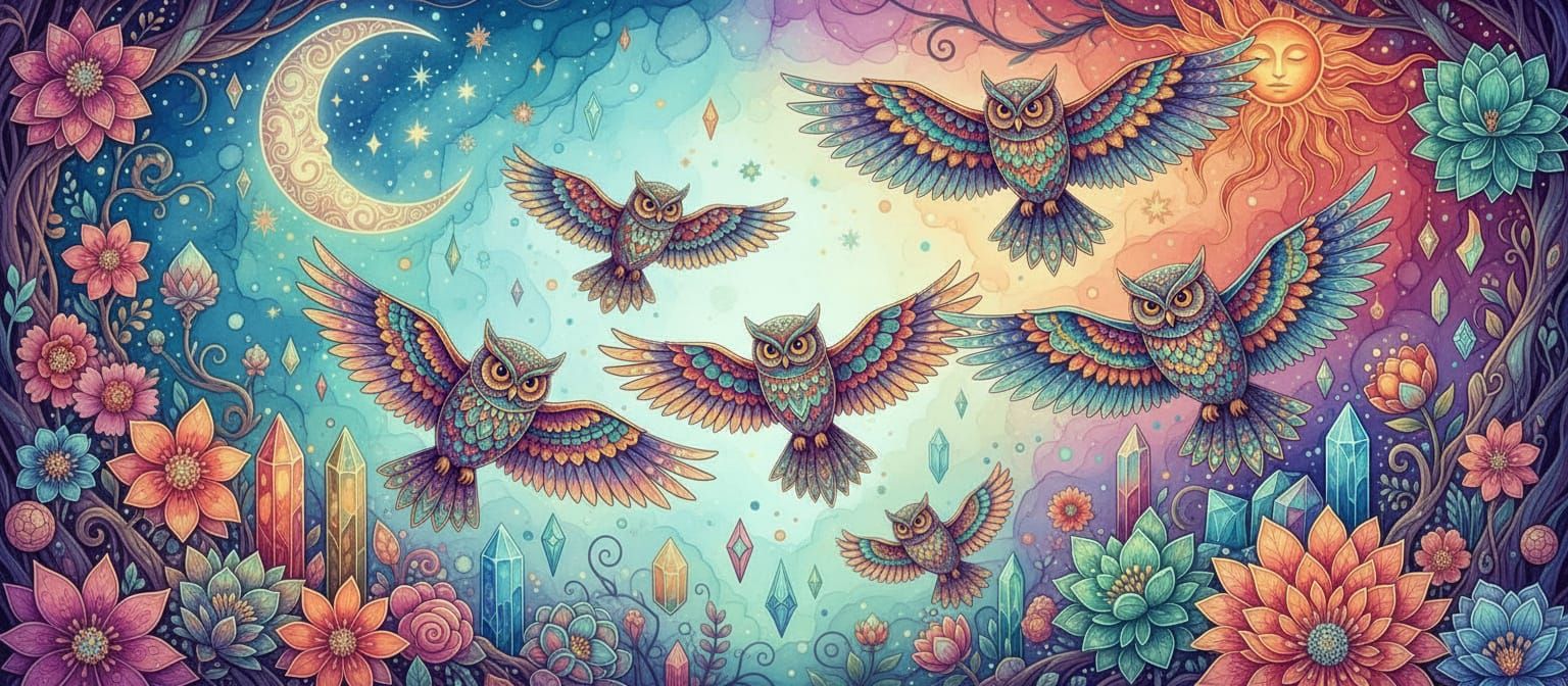 Intricately detailed alcohol ink illustration, Zentangle Owls flying in a misty forest, fantasy illustration, detailed p...
