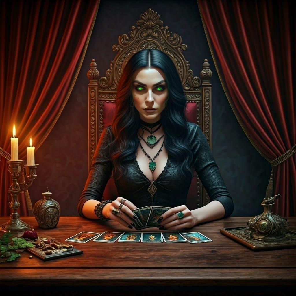 Modern Witch Reading Tarot Cards in Gothic Room