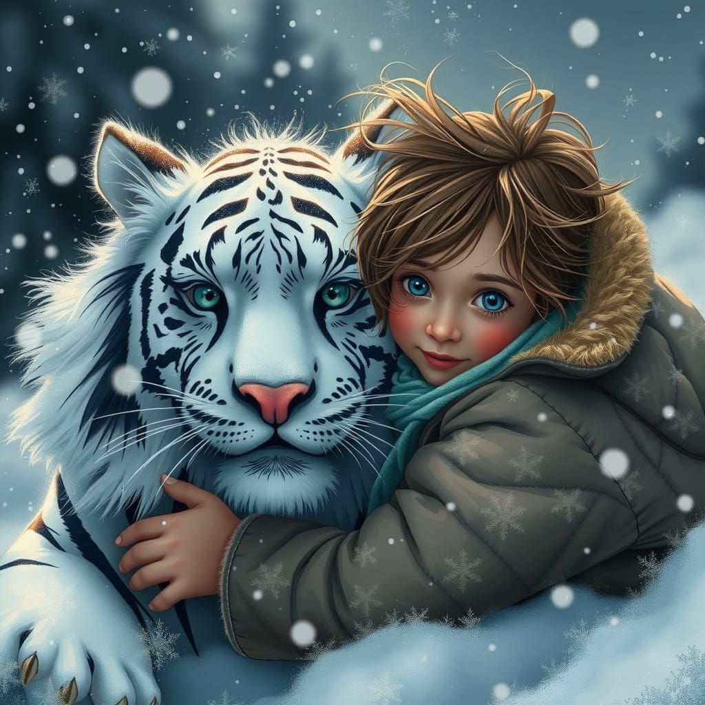 Girl and Snow Tiger in Dreamlike Winter Scene