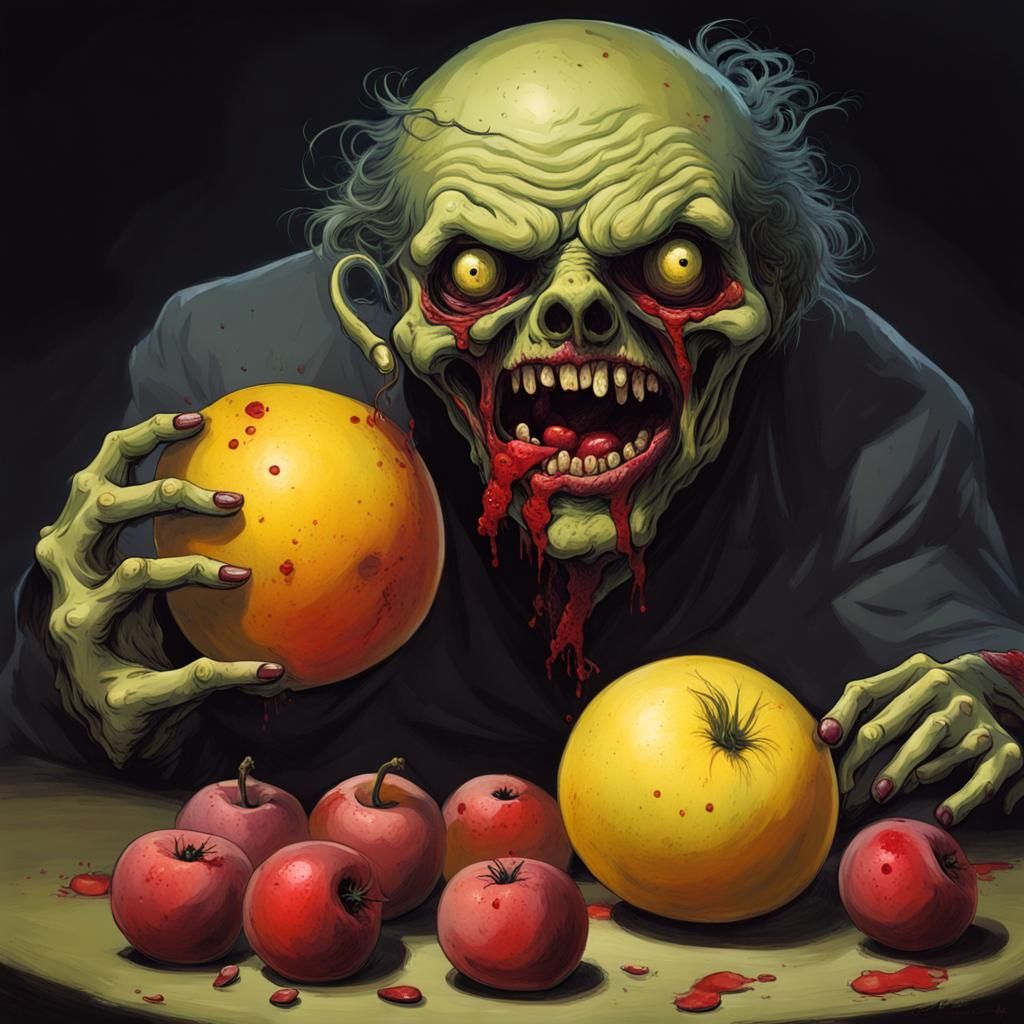 Horrifying Zombie Fruit Character in Dark Etching Style