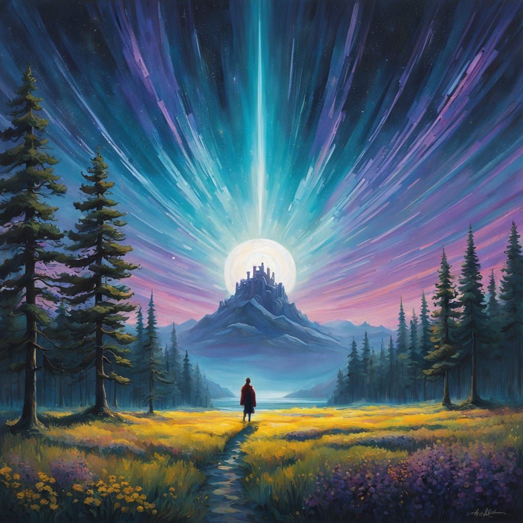 Glowing Figure Embracing Celestial Vortex in Cosmic Abstract...