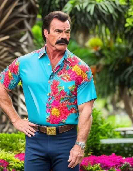 Tom Selleck as Magnum P.I. in Floral Hawaiian Shirt