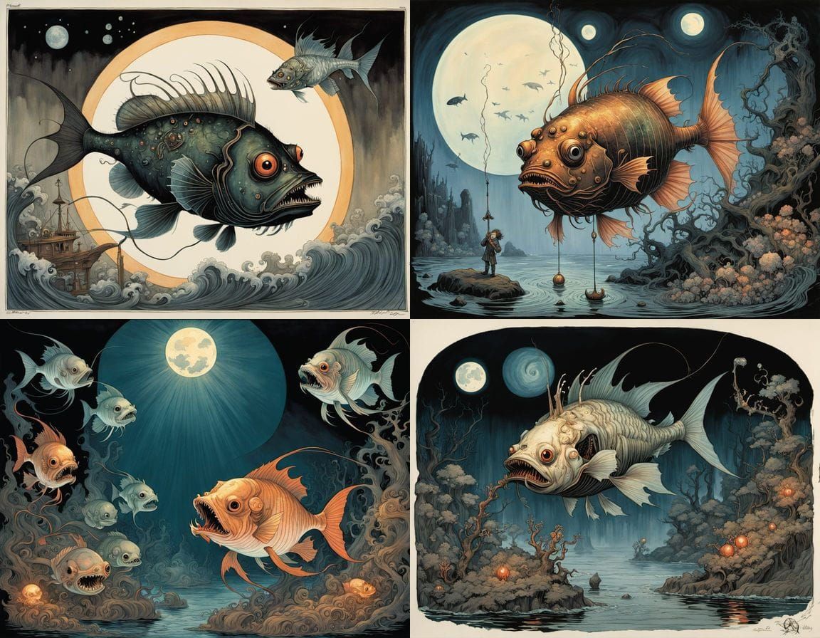 Mythical Anglerfish in Ukiyo-e Style with Bioluminescence