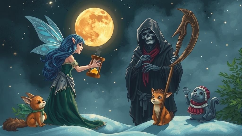 Fairy Offers Hourglass to Grim Reaper