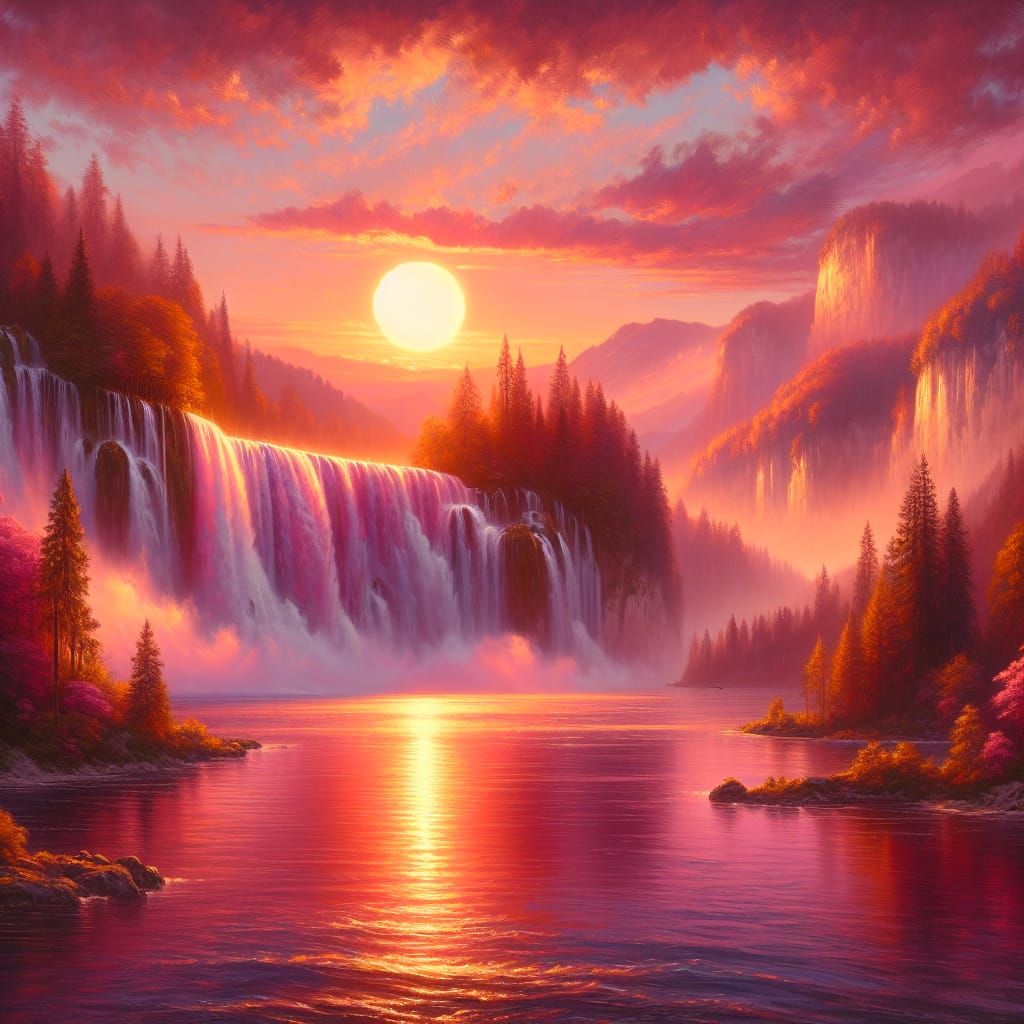 Magnificent Waterfall at Sunset: Maximalist Digital Painting