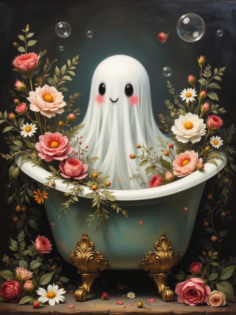 Cute Ghost in Vintage Bathtub Oil Painting