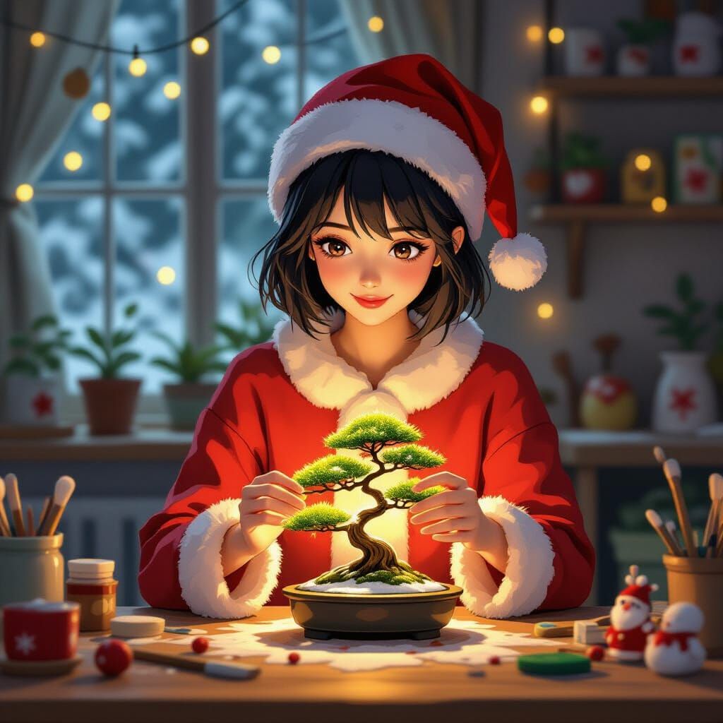 Anime Style Woman Tends Bonsai in Santa's Workshop