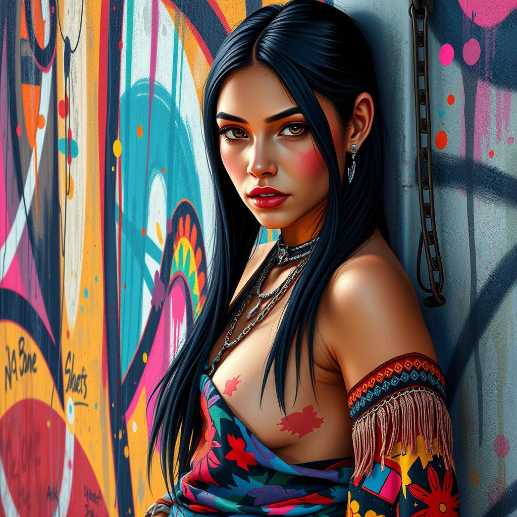 Native American Woman Blending with Urban Graffiti Art