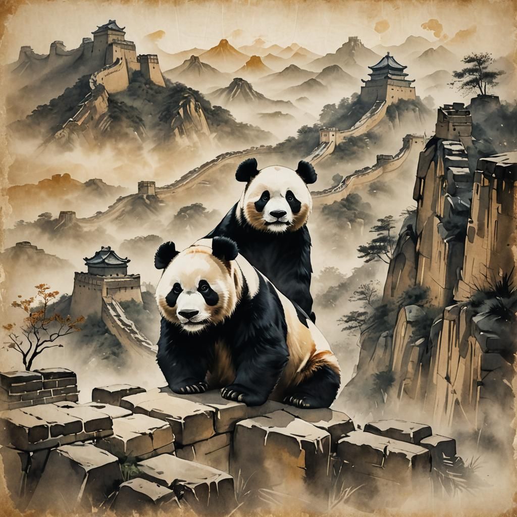 Panda and Great Wall in Ethereal Ink Wash