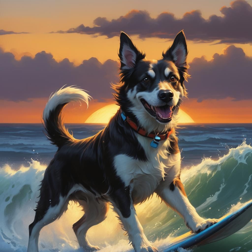 Happy Dog Surfing: Fantasy Illustration