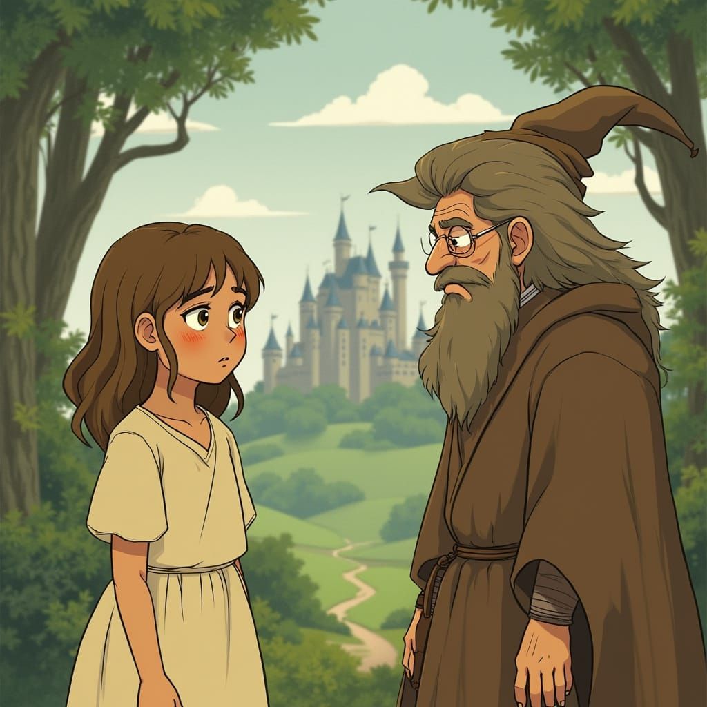 Girls, Wizard, and Castle in Whimsical Animation Style