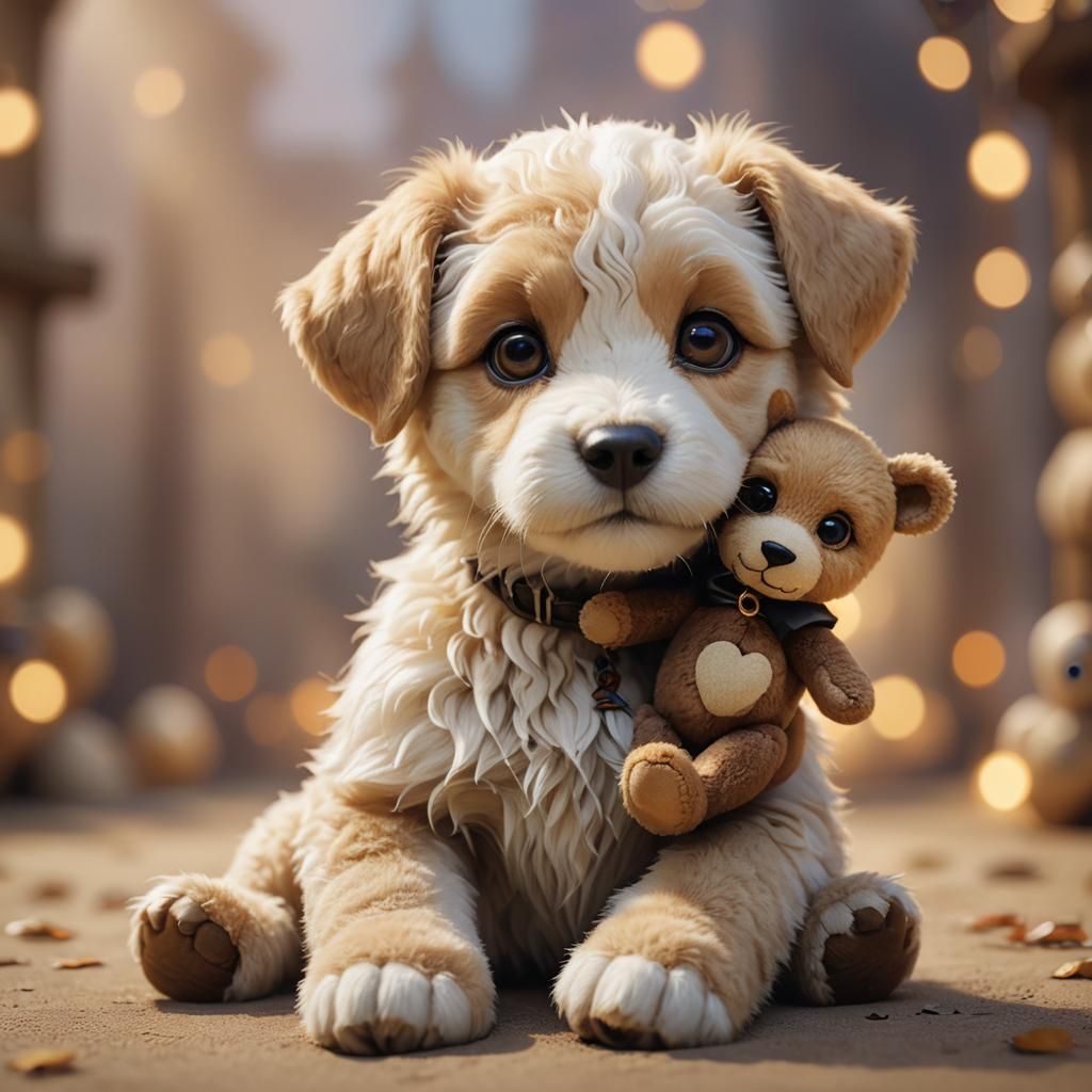 Puppy and Teddy Bear in Whimsical Digital Art