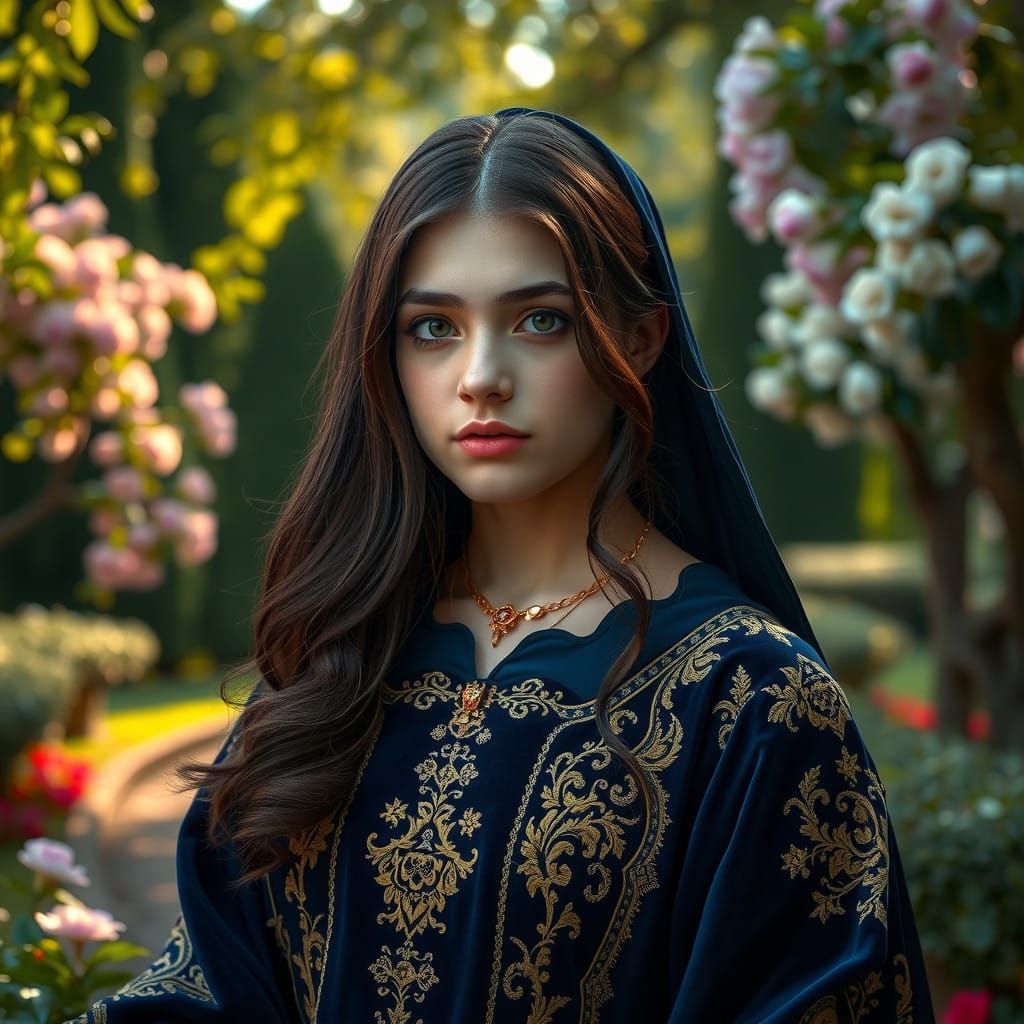 Ethereal Queen in Velvet Blue Regalia in a Symbolist Garden