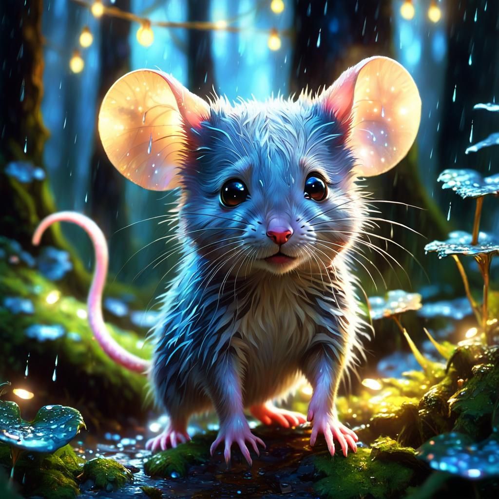 Cute Mouse in Rainy Magical Forest