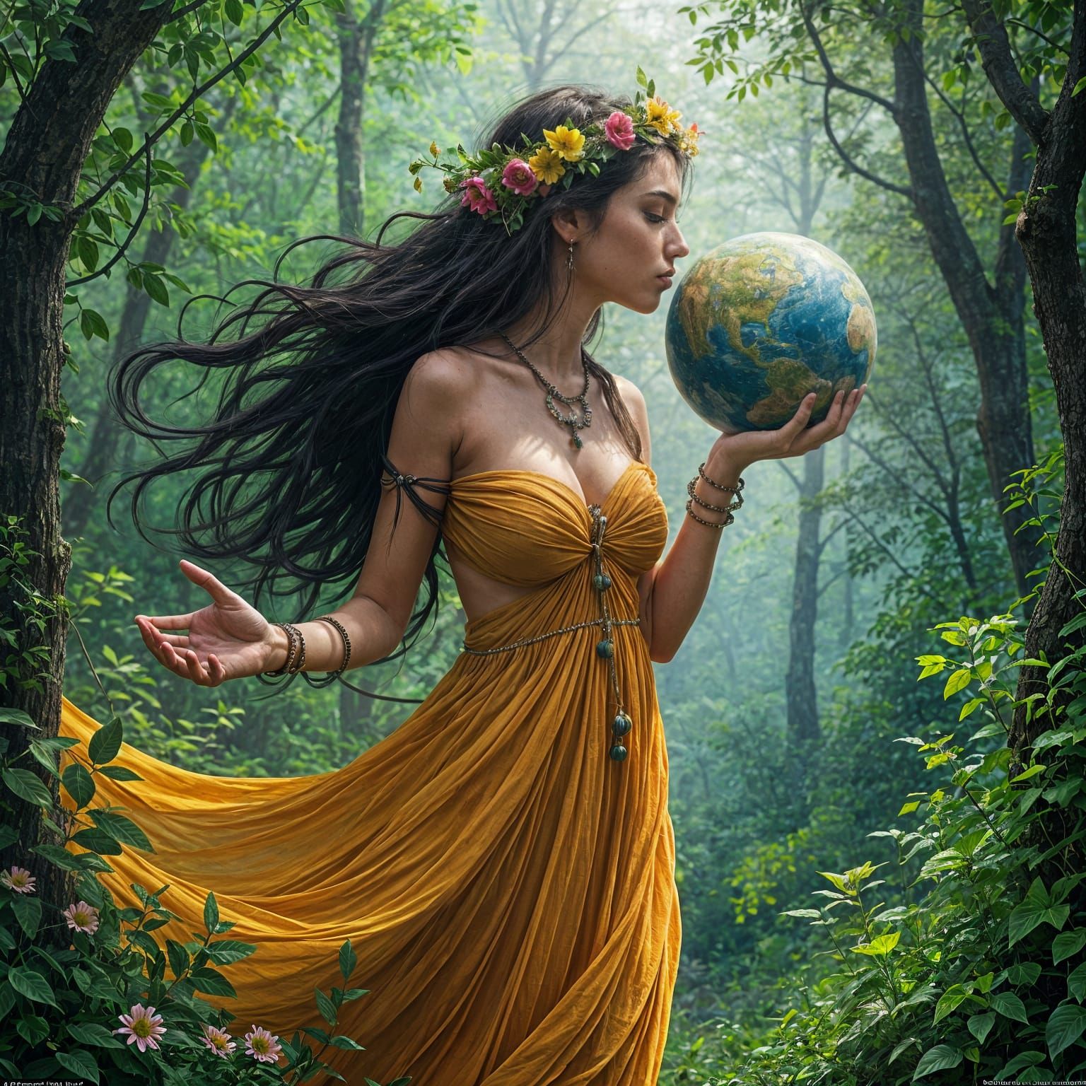 Goddess Embraces Earth: A Lush Green Planet