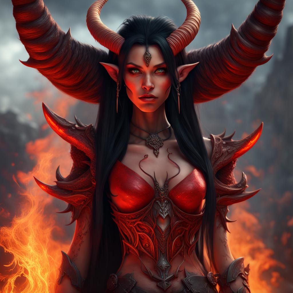 Red Tiefling Demon Controlling Fire, Fantasy Art