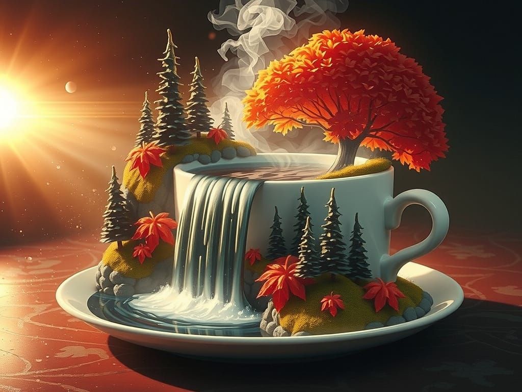 A surrealistic scene where a steaming cup of coffee is placed on a saucer. From the cup, a cascading waterfall flows, me...