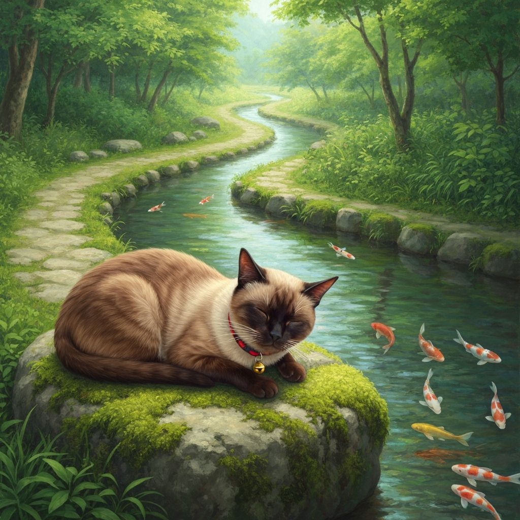 Siamese Cat Napping by Creek in Rural Japan