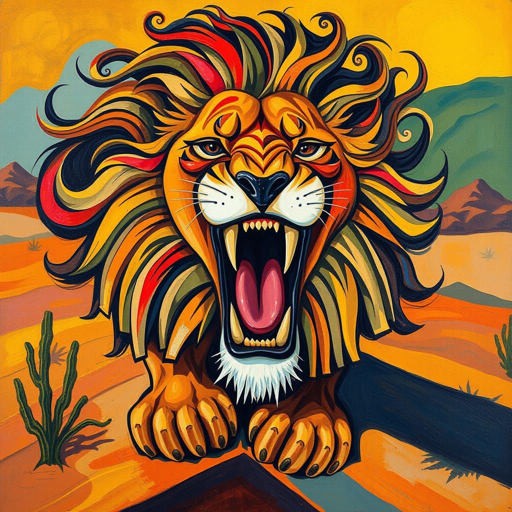Cubist Lion Erupting from Desert Landscape in Avant-Garde Oi...