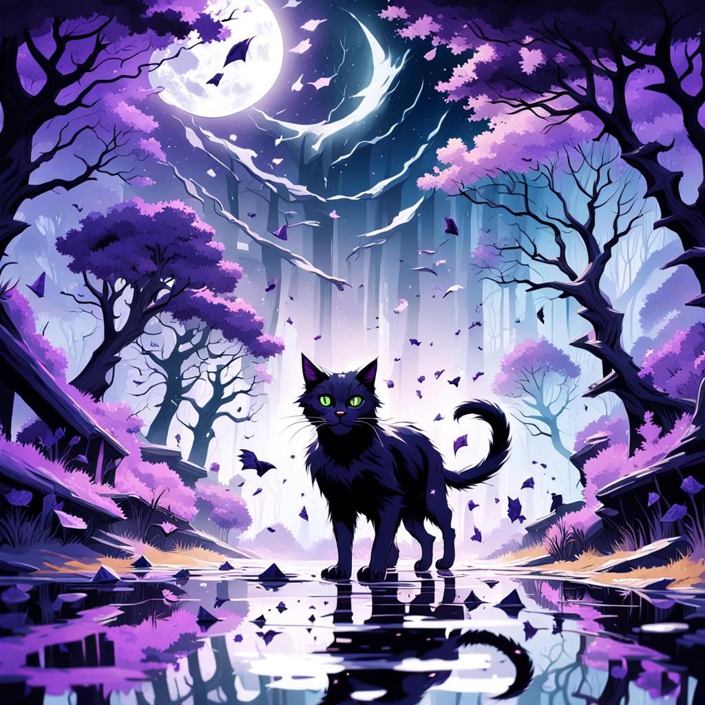 Eerie Reflections: Black Cat Under Full Moon