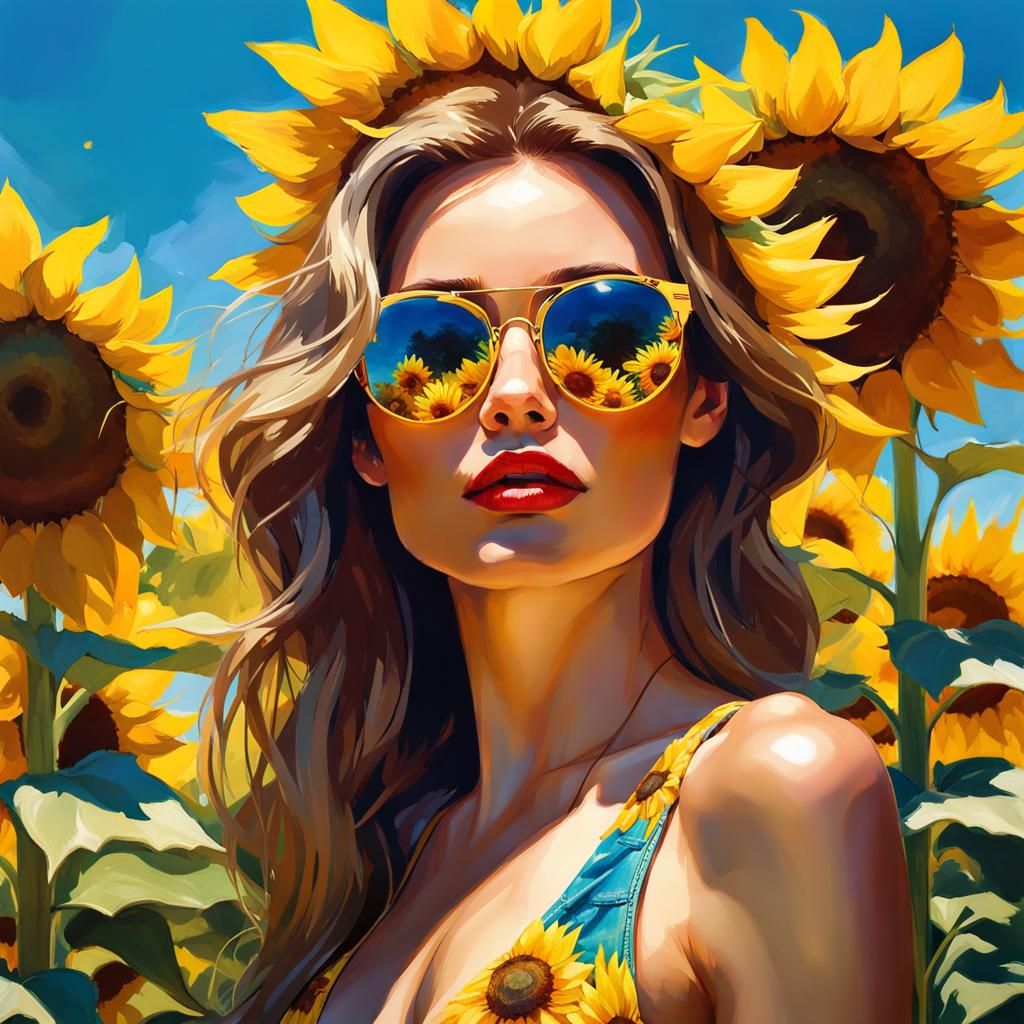 Sunflower Sundress: A Glamorous Digital Art Portrait