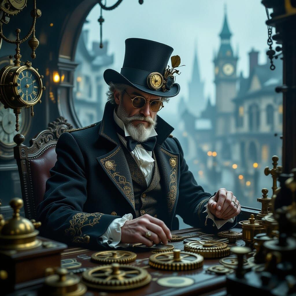 Steampunk Inventor in Victorian Cityscape