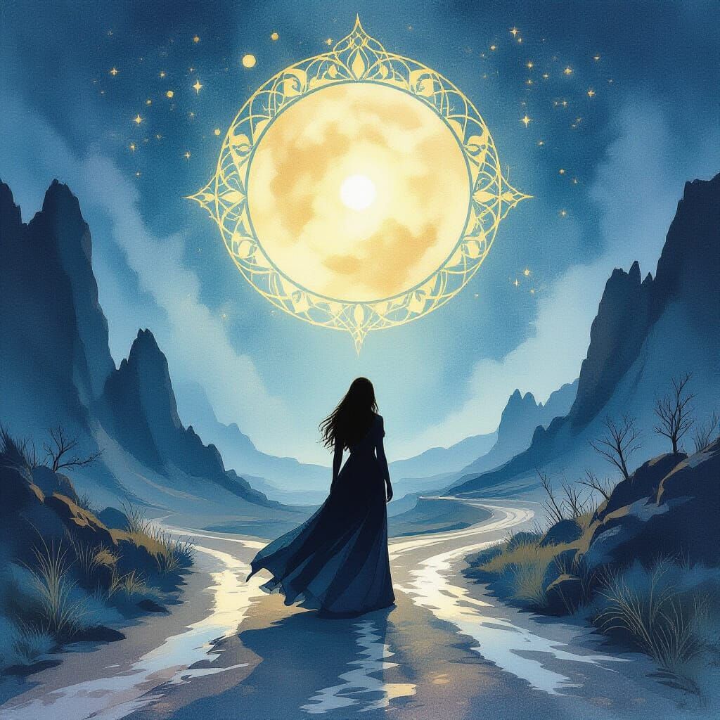 Lone Figure at Crossroads in Ethereal Watercolor Style