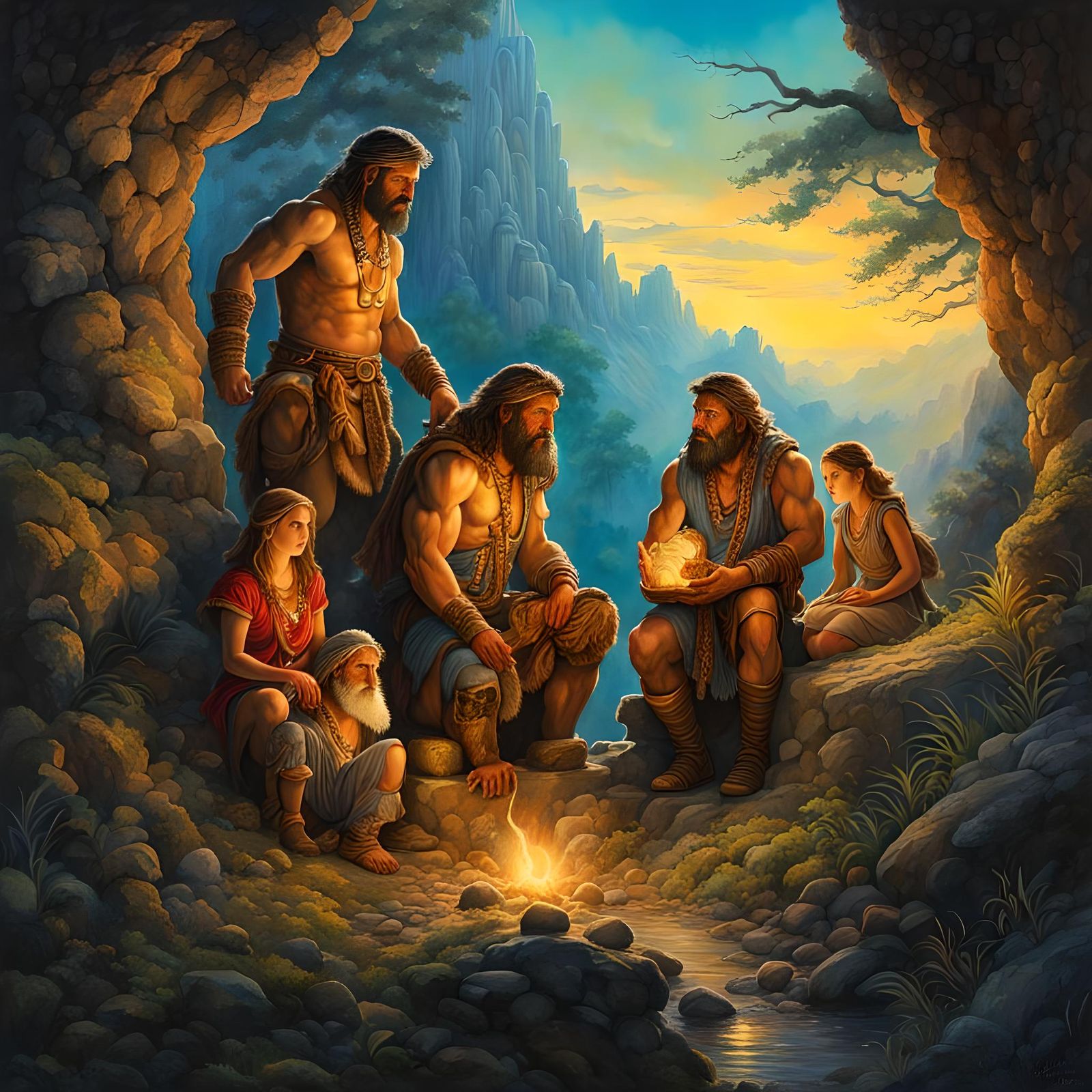 Caveman Family as Detailed Ink and Watercolor Drawing