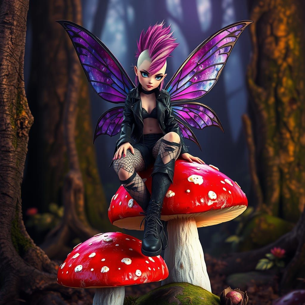An enchanting and captivating scene of a punk fairy perched elegantly atop a vibrant red and white spotted toadstool, lo...