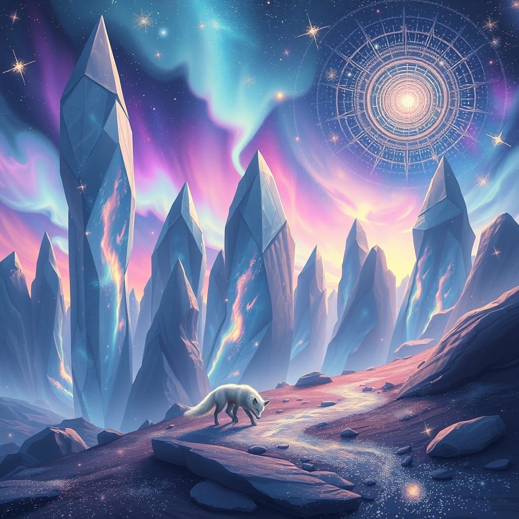 Ethereal Fox in Crystal Nebula Landscape
