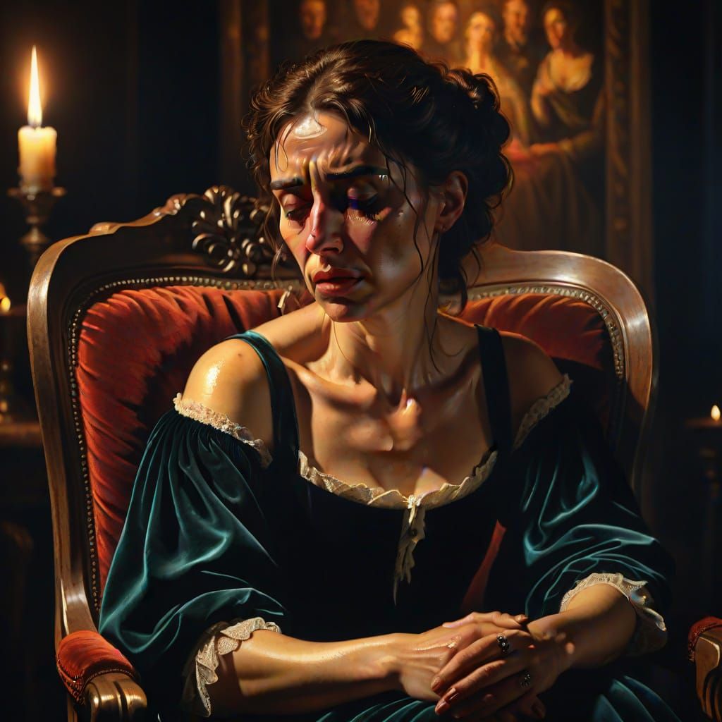 Crying Woman in Antique Chair: Baroque Oil Painting