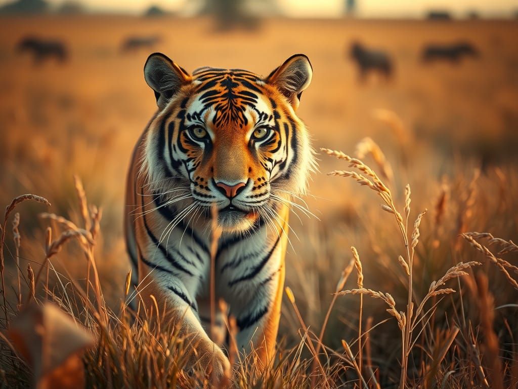 Tiger in Stealth Mode, Golden Savannah Landscape
