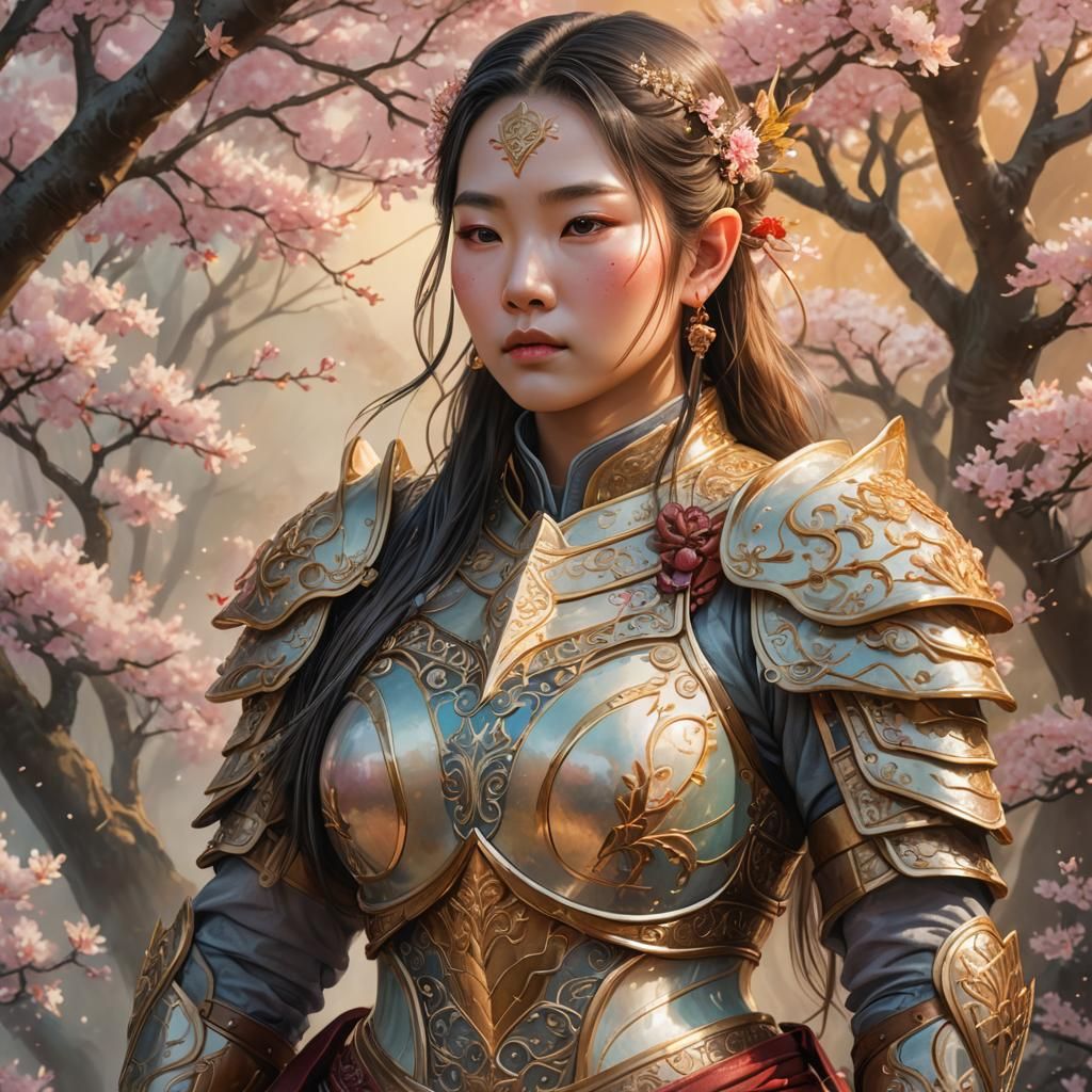Elven Woman in Cherry Blossom Armor: Fantasy Illustration