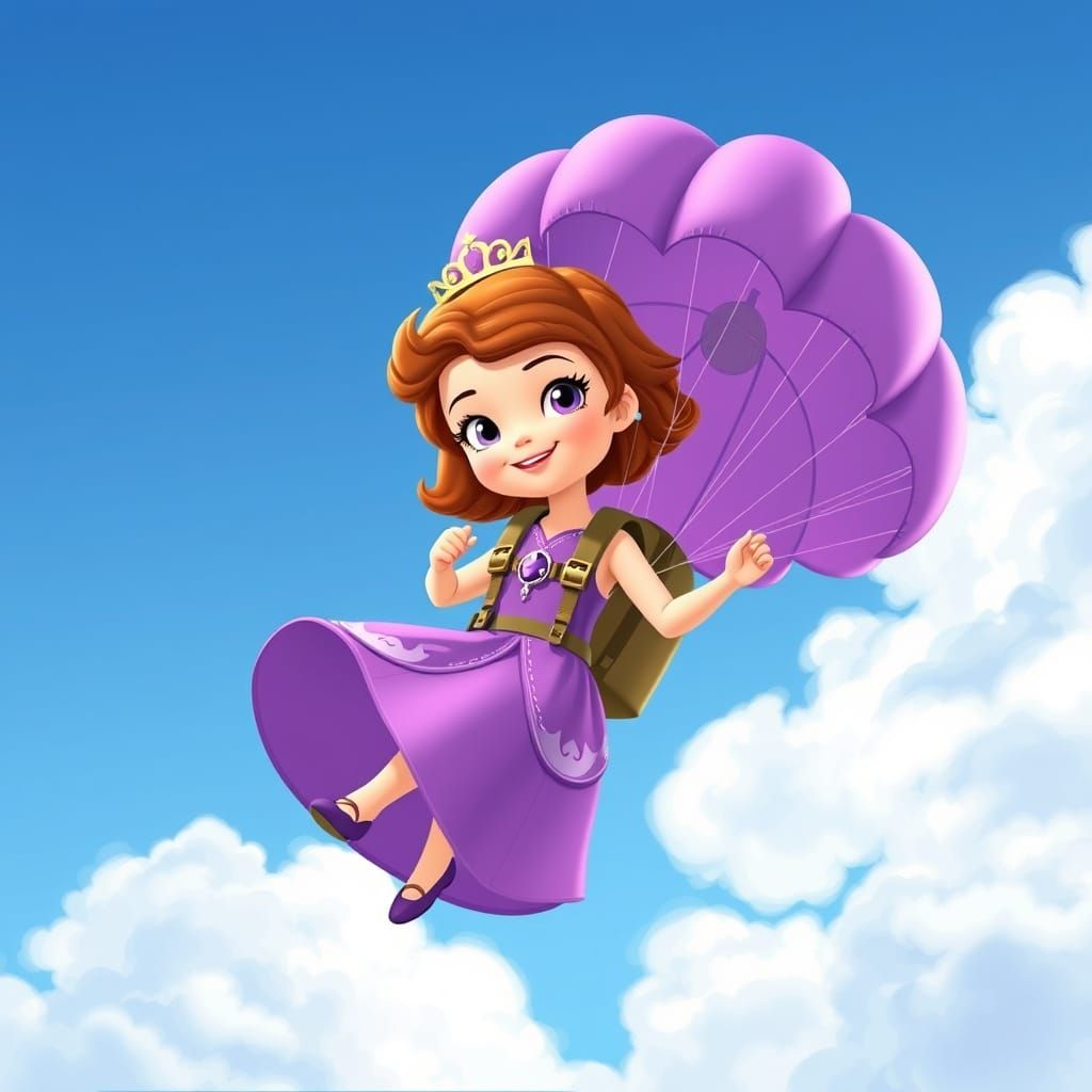 Princess Sofia Descends with Purple Parachute in Disney Styl...