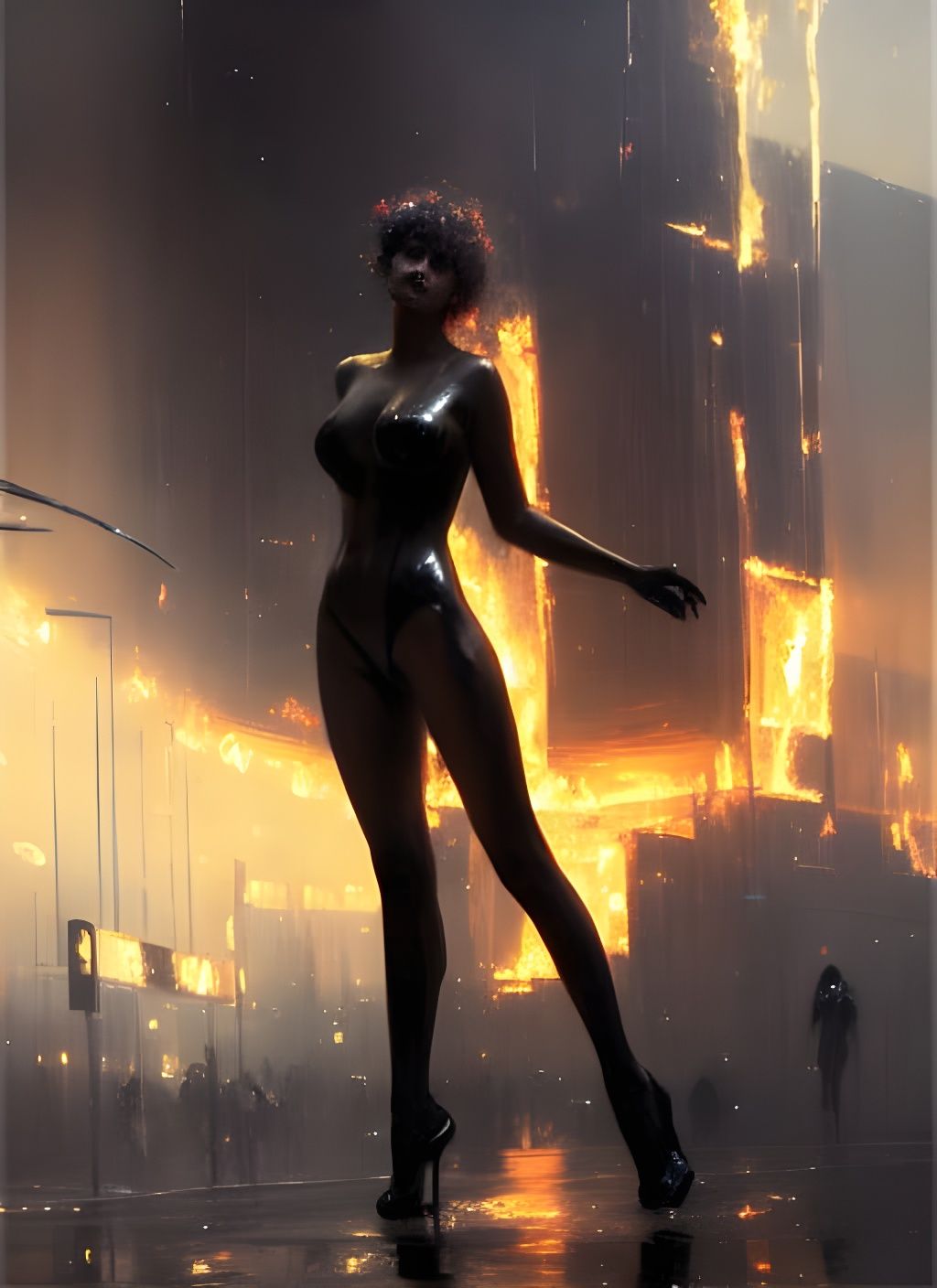 Provocative Woman in Burning Futuristic City