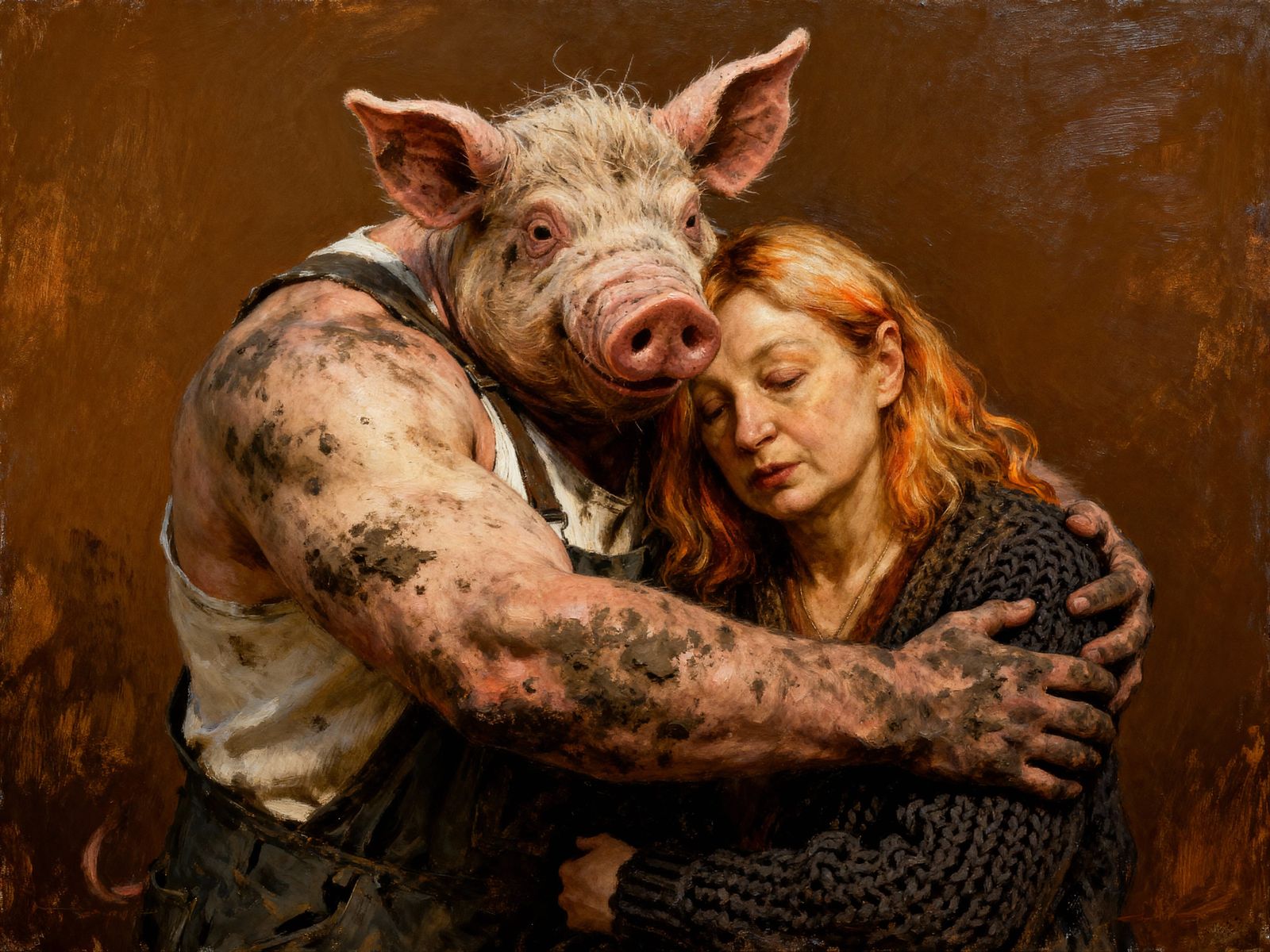 Pig-Man Comforts Tired Woman in Gentle Embrace