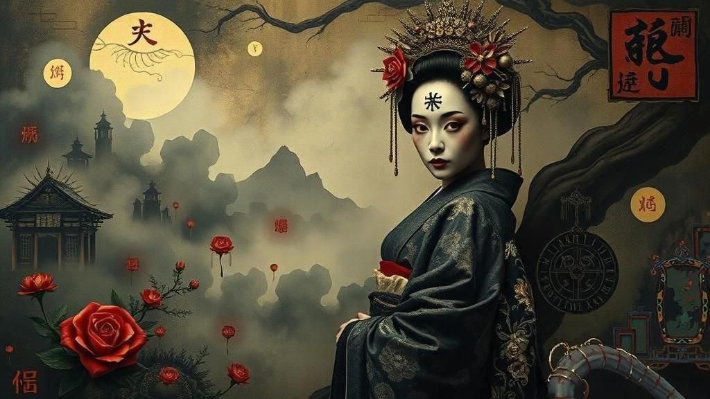 Dark Geisha with Surreal Japanese Background