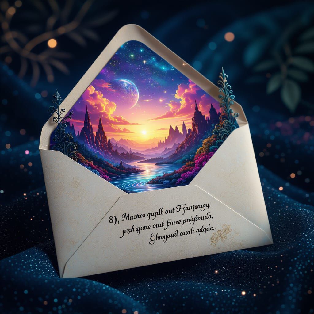 Opulent Fantasy Landscape Emerging from Envelope