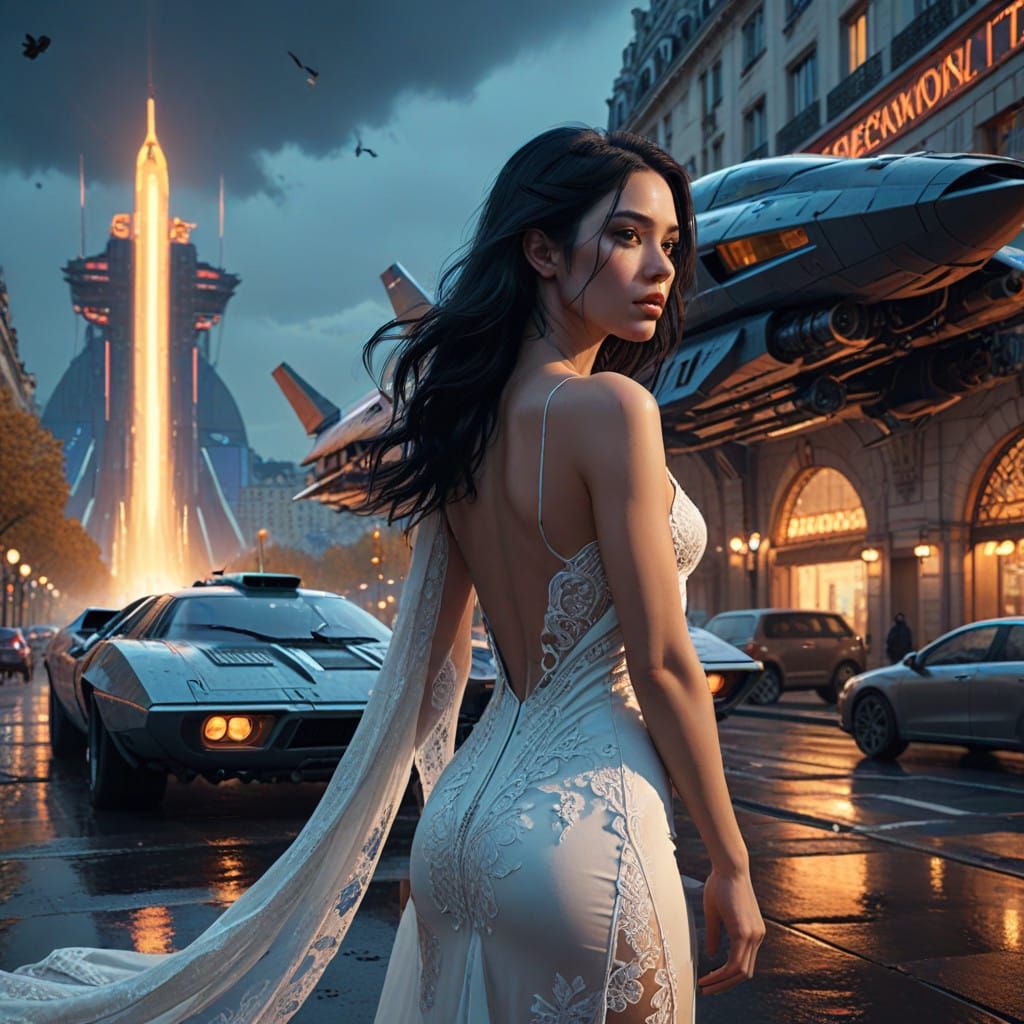 Amazonian Goddess Stands Beside Futuristic Space Cruiser on ...