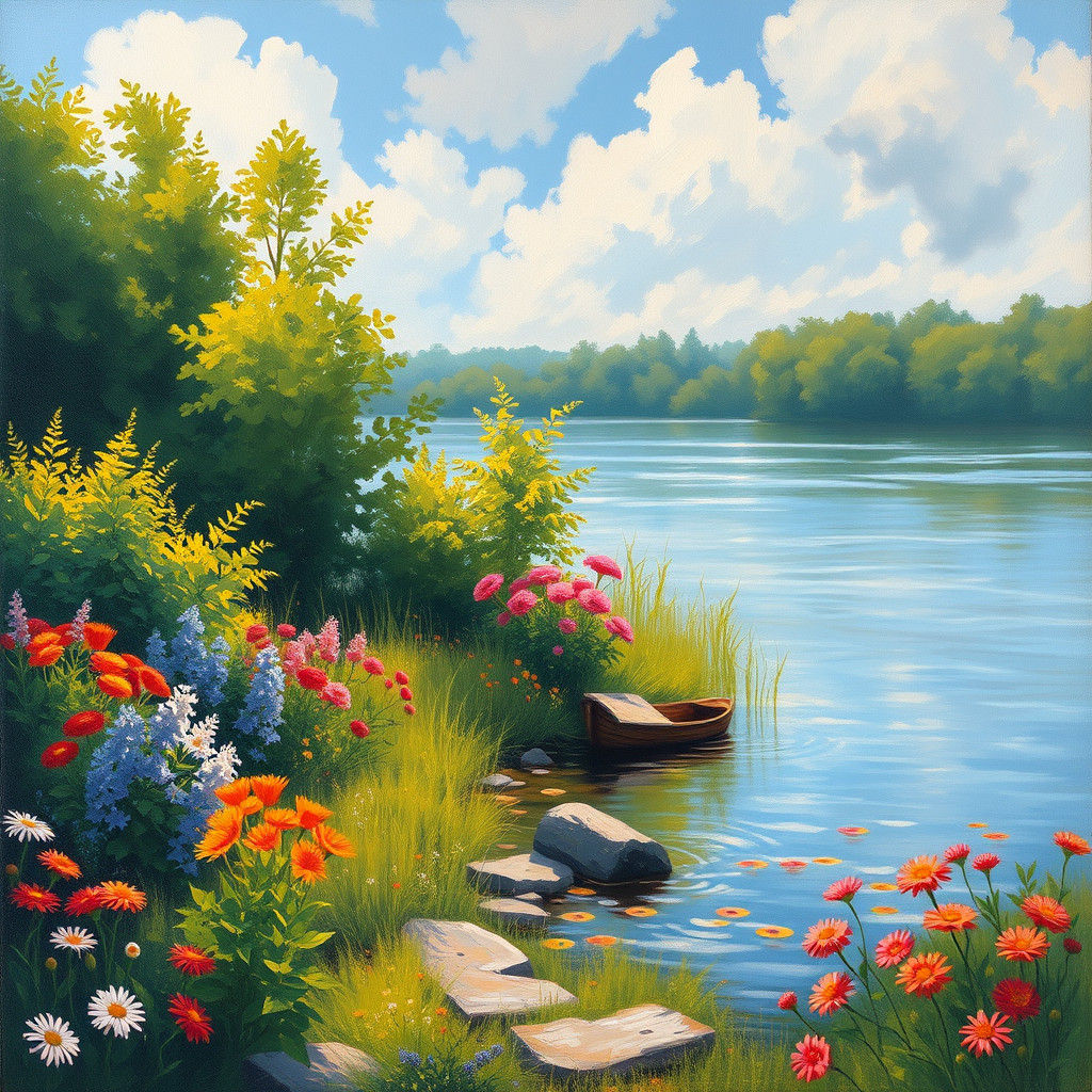 Lakeside Scene in Hudson River School Style