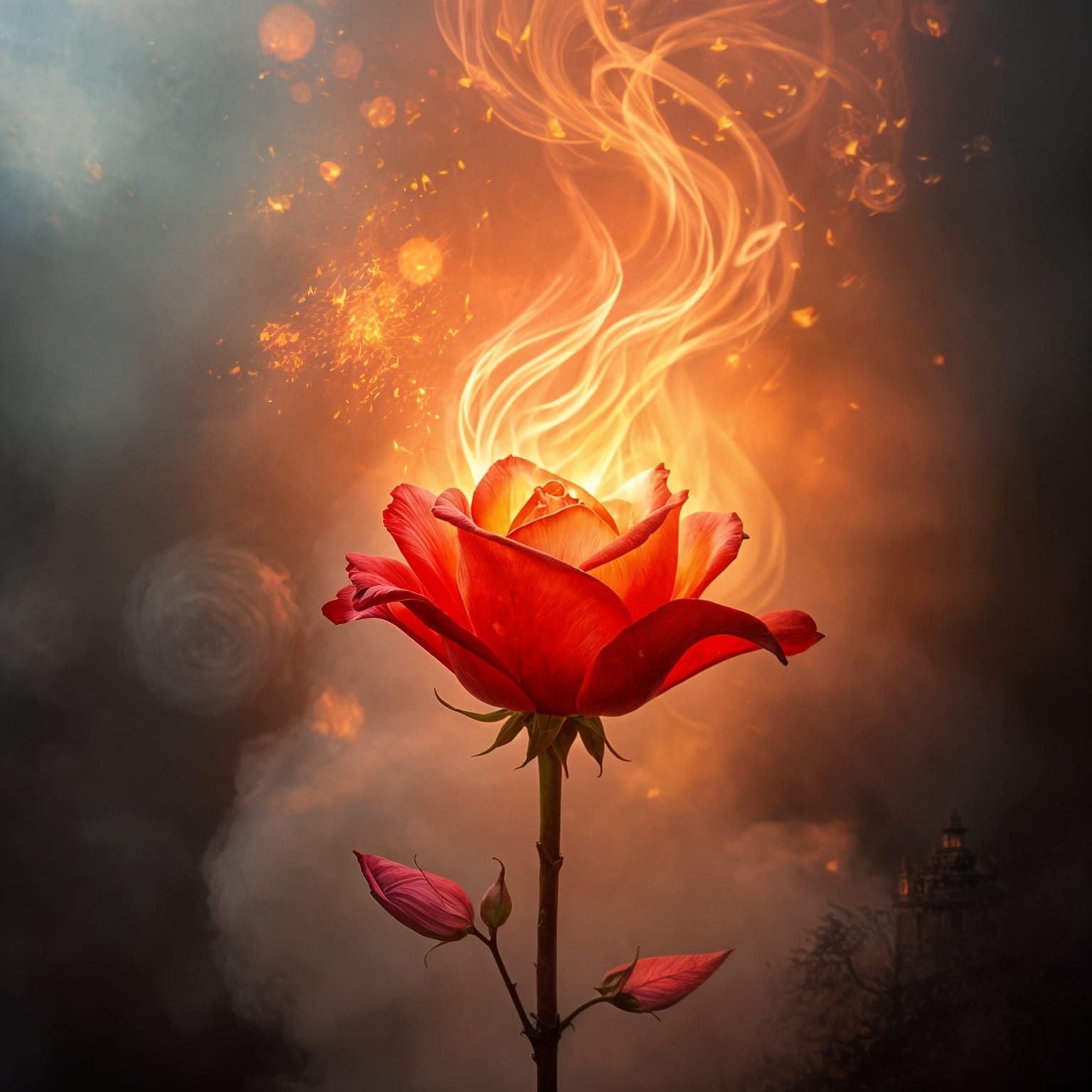 Ethereal Fantasy Rose Amidst Fiery Haze