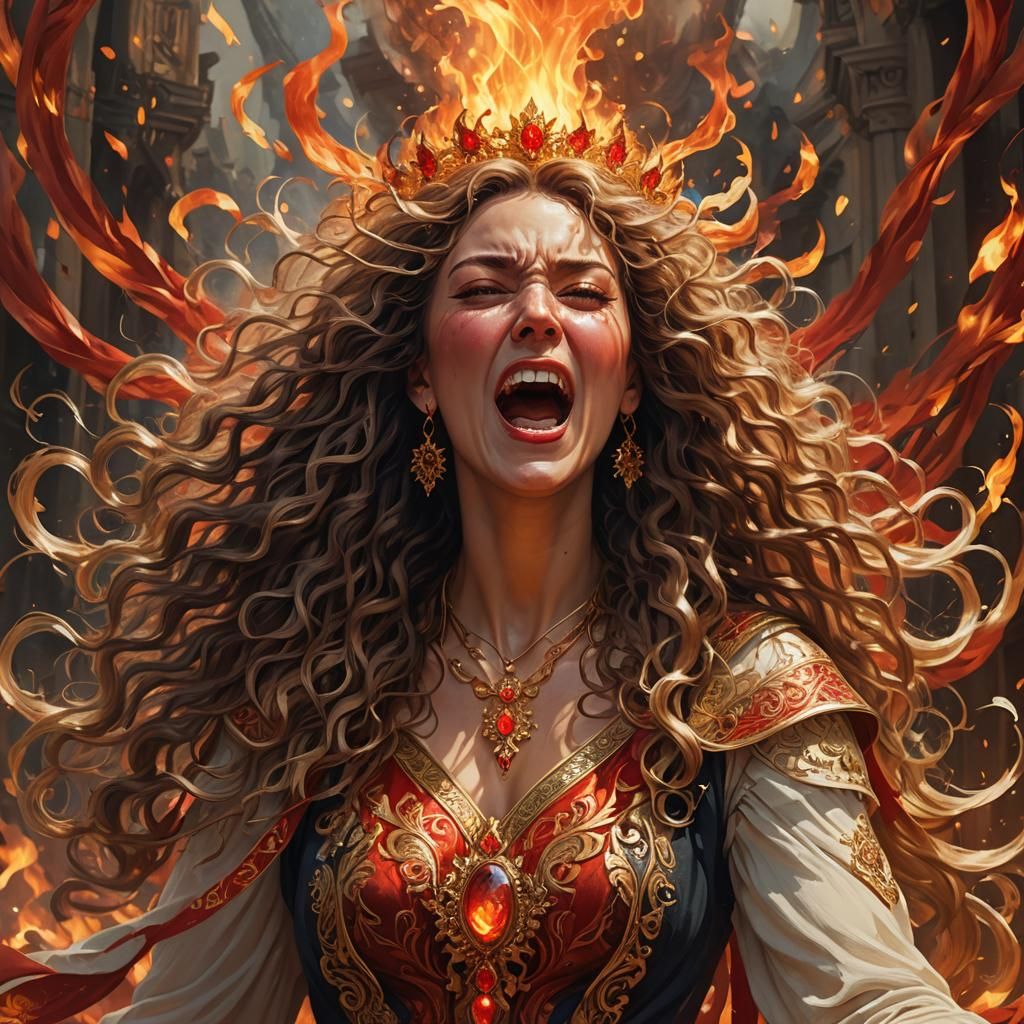Fiery Portrait of a Woman with Golden Jewelry